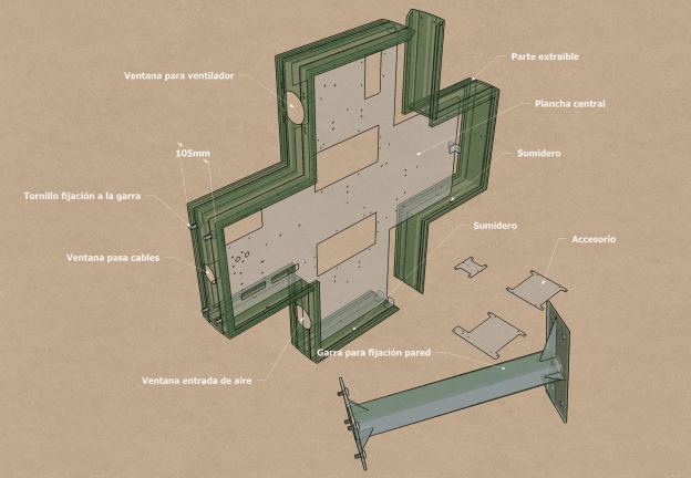 Dibujo esquemático 3D del chasis de una cruz de farmacia LED. Dibujo esquemático 3D del chasis de una cruz de farmacia LED.
