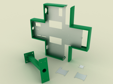 Renderizado del chasis de una cruz de farmacia latina.