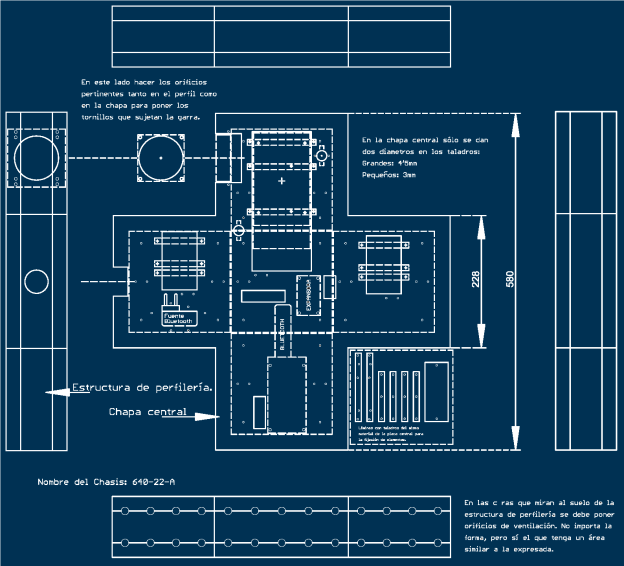Plano de placa central y vistas del chasis de una cruz de farmacia modelo Latina 60. Plancha central y vistas del chasis de una cruz de farmacia.