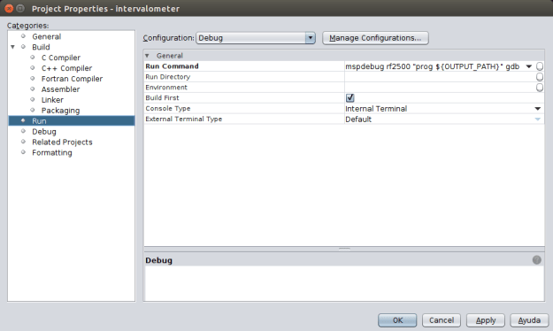 Propiedades de ejecutar debug.